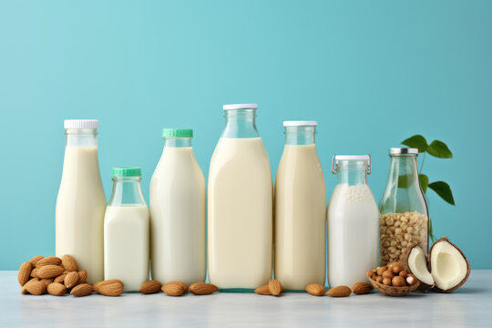 Non dairy plant based milk in bottles and ingredients on turquoise background. AI generated