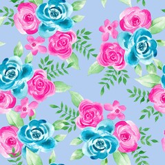Watercolor flowers pattern, pink and blue tropical elements, green leaves, blue background, seamless