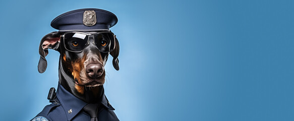 Mean looking Doberman Pinscher working as a security officer or cop, wearing police hat, sunglasses and uniform shirt. Guarding dog concept. Wide banner copy space for text on side. Generative AI