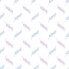 Seamless pattern with blue and purple feathers