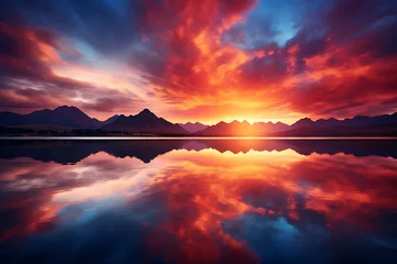 Deurstickers Reflectie A breathtaking shot of a fiery sunset reflected on a still lake, merging heaven and earth in a moment of pure magic.