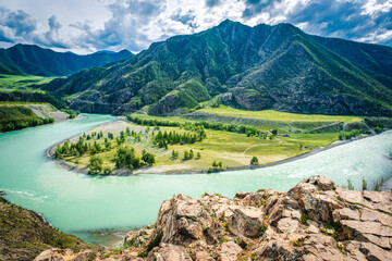 The confluence of two rivers, Katun and Chuya, the famous tourist spot in the Altai mountains, Siberia, Russia - obrazy, fototapety, plakaty