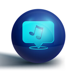 Blue Music note, tone icon isolated on white background. Blue circle button. Vector