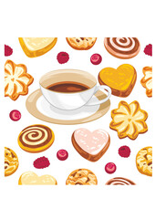 Seamless pattern with cookies, berries and coffee
