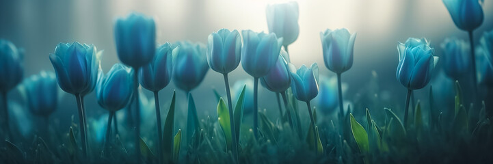 Beautiful field of tender blue tulips close up. Spring background with tender tulips. Floral background. Long spring banner - obrazy, fototapety, plakaty