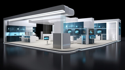 Commercial stand in an exhibition hall or a large professional salon ready to receive brands and advertisements