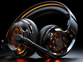 Headset floating in the air, black background, high speed synchronization, dynamic animation,
