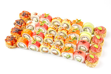 set of fresh appetizing rolls on white background for online restaurant website 17