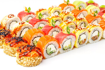 set of fresh appetizing rolls on white background for online restaurant website 15