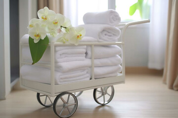 Clean towels on metal cart in front of bathroom. Cart with clean towels indoors. Generative AI.