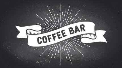 Coffee Bar, ribbon banner. Black white ribbon banner with text, phrase Coffee Bar. White isolated vintage graphic silhouette ribbon, text chalk coffee bar on black chalkboard. Vector Illustration - 625303154