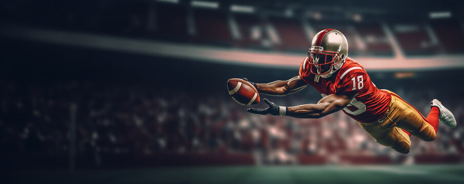 An American football player catches the ball in a beautiful jump. The background is a football arena. Copy space