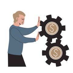 Economics and financial management concept man joins gear mechanism with money symbol (dollar) inside main cog wheel. isolated vector illustration