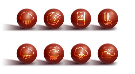 Set line Cloud with rain, Meteorology thermometer, snow, and moon, Moon stars, Sun cloud weather and Weather forecast icon. Vector © Kostiantyn