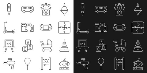 Set line Robot toy, Pyramid, Puzzle pieces, Jack in the box, Photo camera, Scooter, Marker pen and Portable video game console icon. Vector