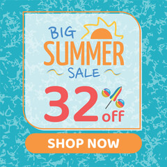 Big Summer Sale 32% off, Orange and Blue, Beach Balls and Beach Umbrella form the Percentage Symbol, Pool Water Background, Shop Now