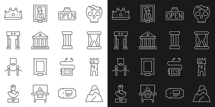 Set line Rock stones, Castle tower, Old hourglass with sand, Hanging sign Open, Museum building, Metal detector, King crown and Ancient column icon. Vector