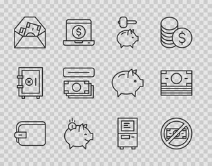 Set line Wallet, No money, Piggy bank and hammer, with coin, Envelope dollar symbol, ATM, and Stacks paper cash icon. Vector