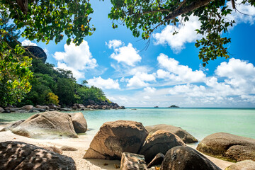Beautifully shaped granite boulders and a perfect white sand. Most beautiful tropical beaches - Seychelles, Praslin island