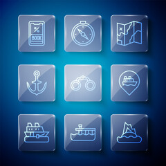 Set line Cruise ship, Beach pier dock, Tropical island in ocean, Folded map, Binoculars, Anchor, ticket and Location with cruise icon. Vector