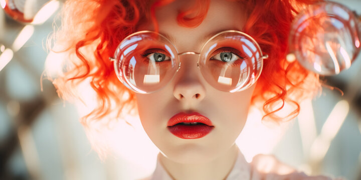 Close-up portrait of cheerful curly ginger woman in glasses on blur bokeh background. Photo of fashionable girl with beautiful red hair to camera. digital ai
