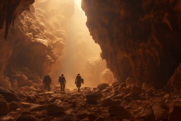 Photograph of people exploring natural caves, Generative AI