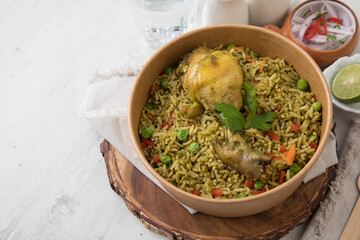 Arroz con pollo green rice Food buffet peruvian table Assorted dishes gourmet cuisine Peru traditional 