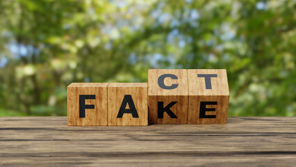 Flipping wooden cubes block for change wording from fake to fact. fake fact concept. Fake news, Business and design concept. 3d illustration