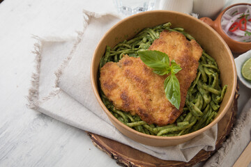 Green sauce pesto pasta Food buffet peruvian table Assorted dishes gourmet cuisine Peru traditional 