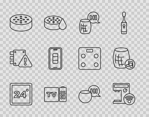 Set line Thermostat, Smart coffee machine, Voice assistant, Multimedia and TV box receiver, Water sensor, Smartphone battery charge, and icon. Vector