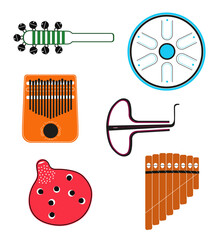 Illustration collection of musical instruments, handpan, bell stick, jew's harp, kalimba, ocarina and pan flute concert