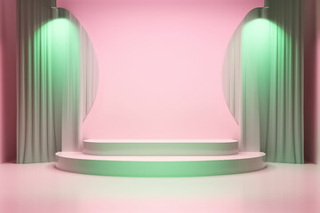 Pink Green, Display mock up 3D luxury stage with LED light and simple shape decoration around it. generative AI