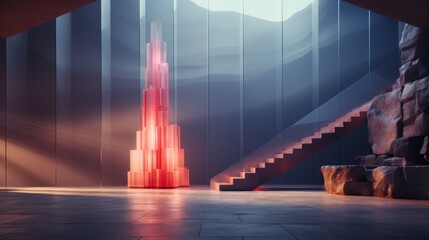 CINEMATIC SHOT, REAL OBJECTS AN ARTIIFICIAL FLOWER IS WOVEN BETWEEN THE WALLS, IN THE STYLE OF COLORFUL ABSTRACT LANDSCAPES, SOU FUJIMOTO, MARCIN SOBAS, - obrazy, fototapety, plakaty