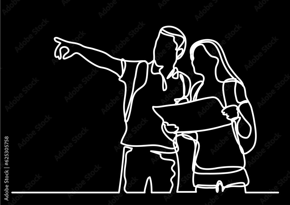 Sticker continuous line drawing of travel vacation journey trip leisure joyful season concept - black background and white lines with FULLY EDITABLE STROKE