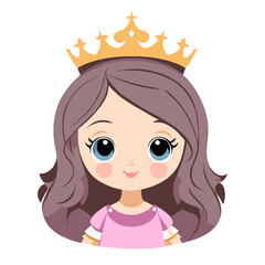 Cute little princess girl portrait isolated on white. Flat vector illustration