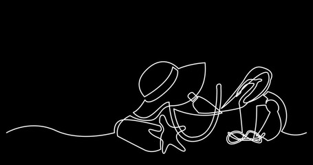 continuous line drawing of travel vacation journey trip leisure joyful season concept - black background and white lines with FULLY EDITABLE STROKE
