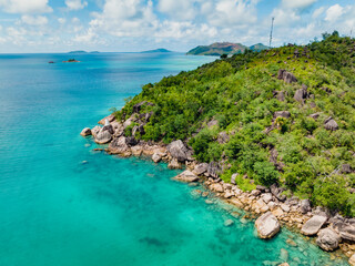 Praslin Seychelles tropical island with withe beaches and palm trees. Aerial view of tropical...