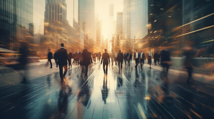 abstract motion blur image of business people crowd walking at corporate office in city downtown, blurred background, business center concept, Cinematic color tone, Generative AI