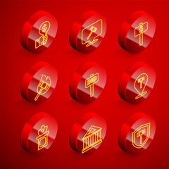 Set line Hand holding auction paddle, Auction hammer, jewelry sale and Museum building icon. Vector