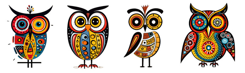 Naklejka premium Collection of colorful owls on transparent background for t-shirt print design and various uses