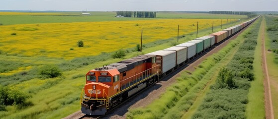 Freight train with cargo containers. Cargo train platform. Train wagons carrying cargo containers for shipping companies. Distribution, freight transportation using railroads. Made With Generative AI.