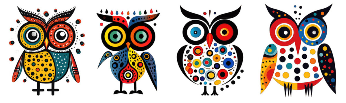 Collection of colorful owls on transparent background for t-shirt print design and various uses
