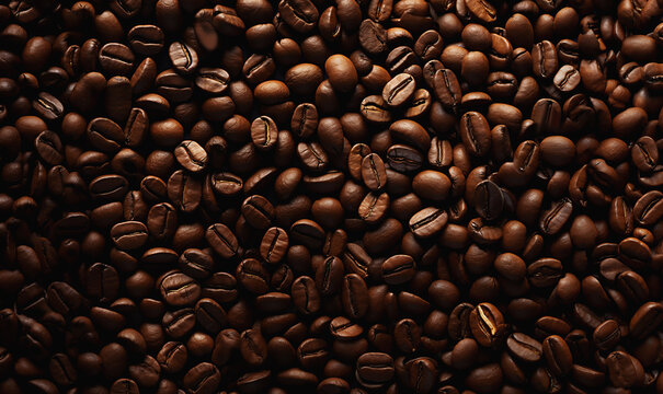 Texture from a lot of roasted coffee beans. Big coffee beans pattern.
