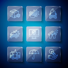 Set line Car accident, Umbrella, Light bulb in hand, Burning car, Insurance online, Delivery security with shield and House lightning icon. Vector