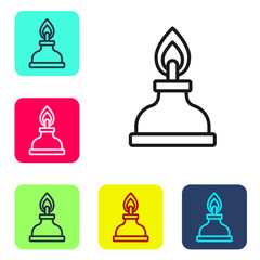 Black line Alcohol or spirit burner icon isolated on white background. Chemical equipment. Set icons in color square buttons. Vector