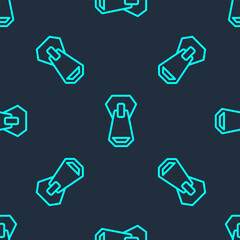 Green line Zipper icon isolated seamless pattern on blue background. Vector