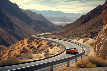 A sports car drives down a long winding road