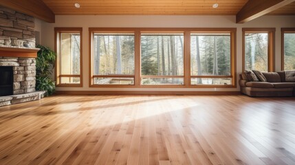 a room with a wood floor and a fireplace - obrazy, fototapety, plakaty