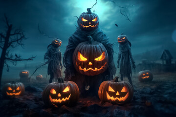 Halloween pumpkins Devil on dry rice straw in Horrow Halloween night. Generative AI.