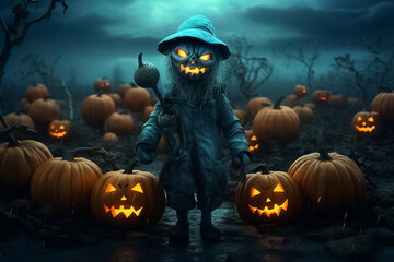 Halloween pumpkins Devil on dry rice straw in Horrow Halloween night. Generative AI.